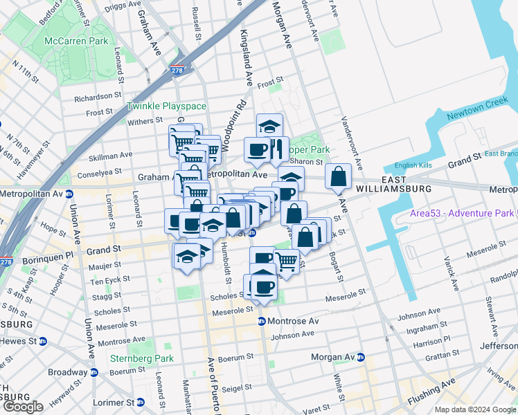 map of restaurants, bars, coffee shops, grocery stores, and more near 251 Powers Street in Brooklyn