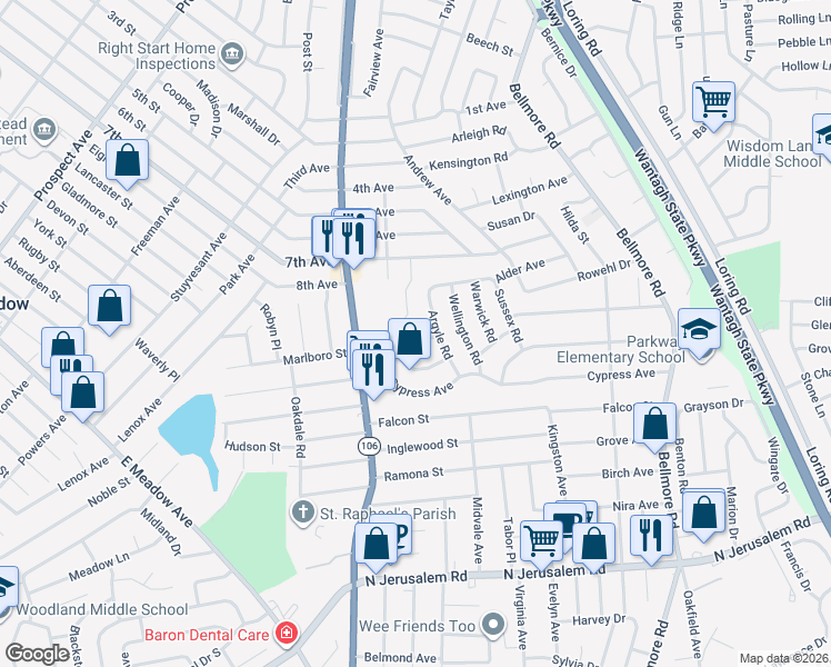 map of restaurants, bars, coffee shops, grocery stores, and more near 2519 Dogwood Avenue in East Meadow