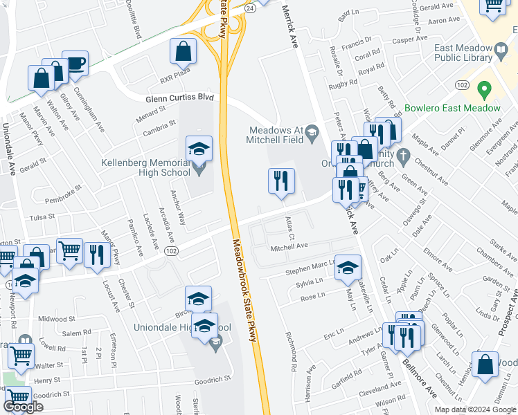 map of restaurants, bars, coffee shops, grocery stores, and more near 219 Spring Drive in East Meadow