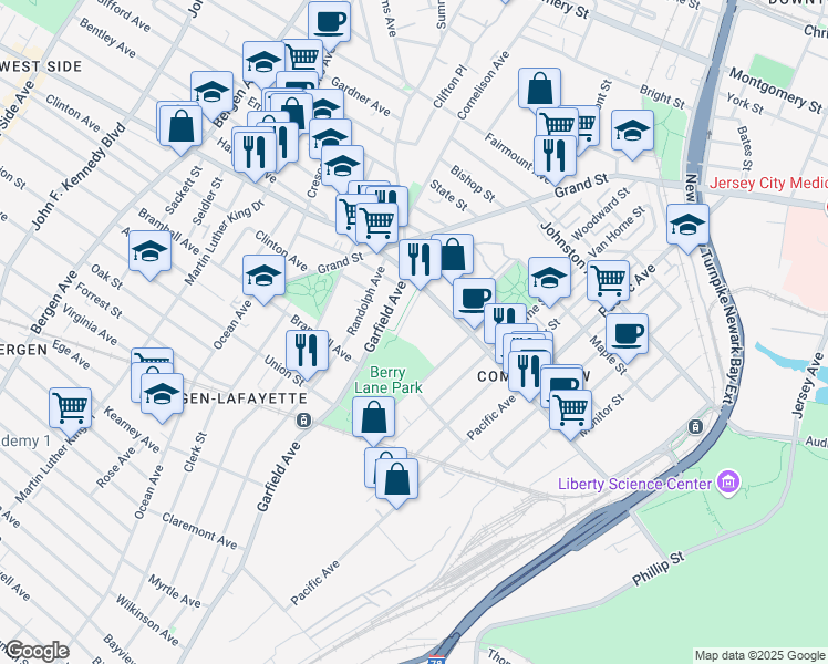 map of restaurants, bars, coffee shops, grocery stores, and more near 453 Communipaw Avenue in Jersey City