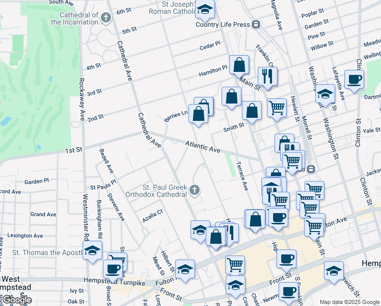 map of restaurants, bars, coffee shops, grocery stores, and more near 12 Garden Place in Hempstead