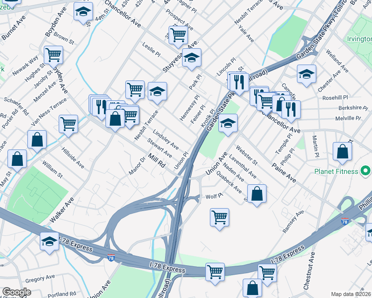 map of restaurants, bars, coffee shops, grocery stores, and more near 49 Union Place in Irvington