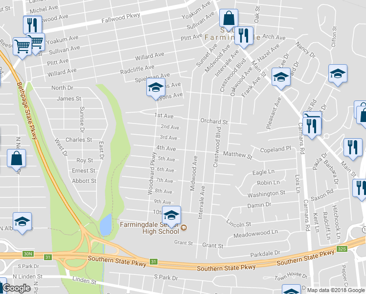 map of restaurants, bars, coffee shops, grocery stores, and more near 111 Sunset Avenue in Farmingdale