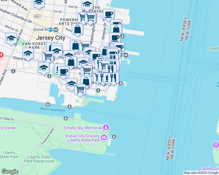 map of restaurants, bars, coffee shops, grocery stores, and more near 30 Hudson Street in Jersey City