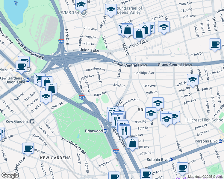 map of restaurants, bars, coffee shops, grocery stores, and more near 139-1 83rd Avenue in Queens
