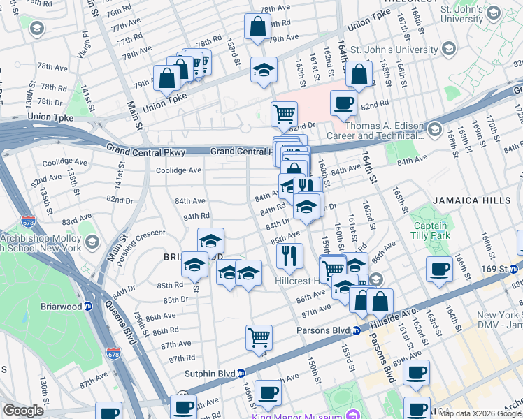 map of restaurants, bars, coffee shops, grocery stores, and more near 150-11 84th Road in Queens