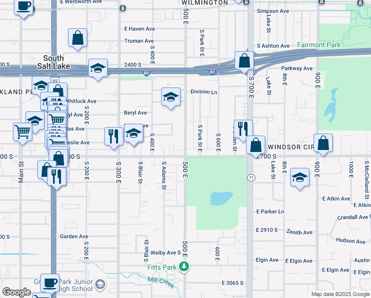 map of restaurants, bars, coffee shops, grocery stores, and more near 2689 South 500 East in Salt Lake City