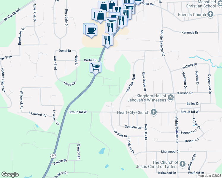 map of restaurants, bars, coffee shops, grocery stores, and more near 900 Max Ave. in Mansfield