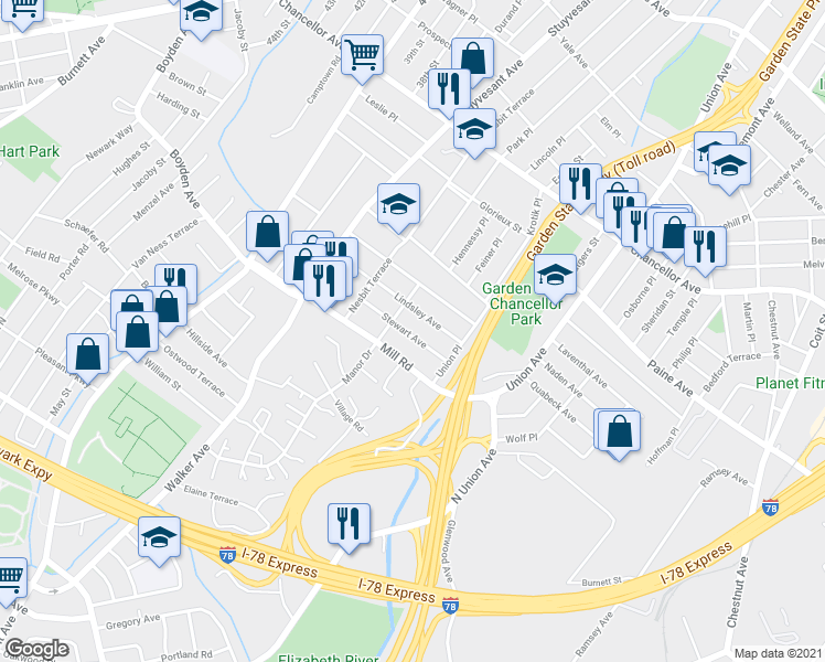 map of restaurants, bars, coffee shops, grocery stores, and more near 50 Stewart Avenue in Irvington