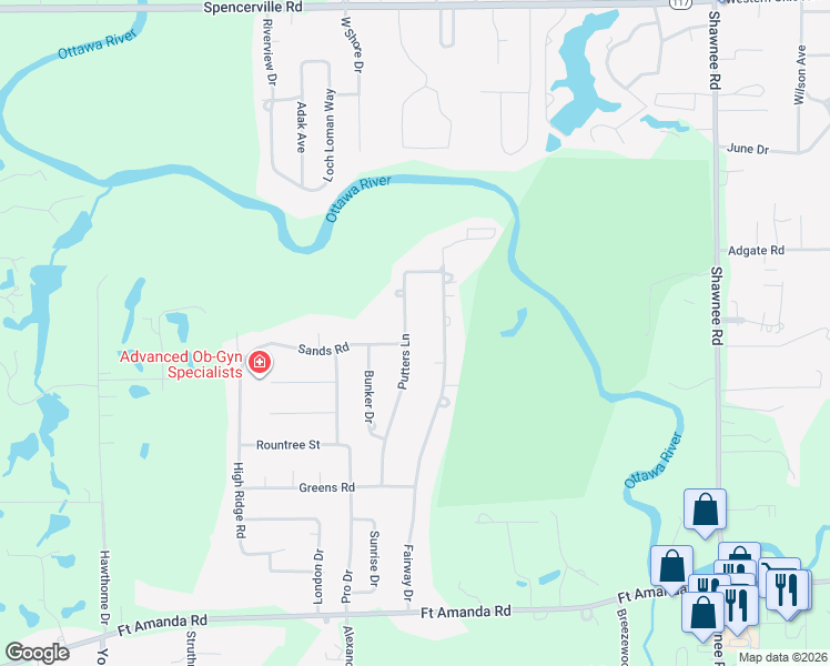 map of restaurants, bars, coffee shops, grocery stores, and more near 1505 Putters Lane in Lima