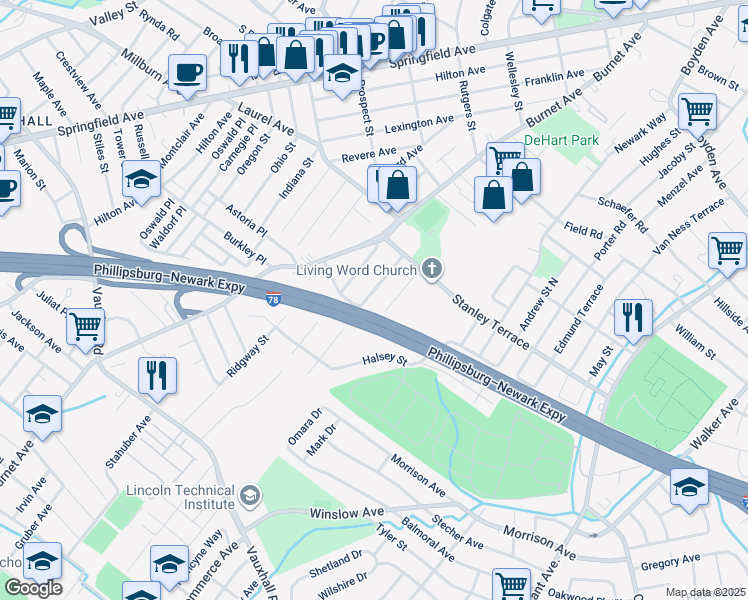 map of restaurants, bars, coffee shops, grocery stores, and more near 1721 Kenneth Avenue in Union