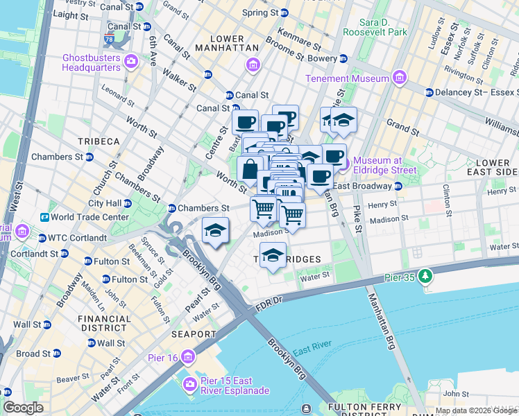 map of restaurants, bars, coffee shops, grocery stores, and more near 64 Saint James Place in New York