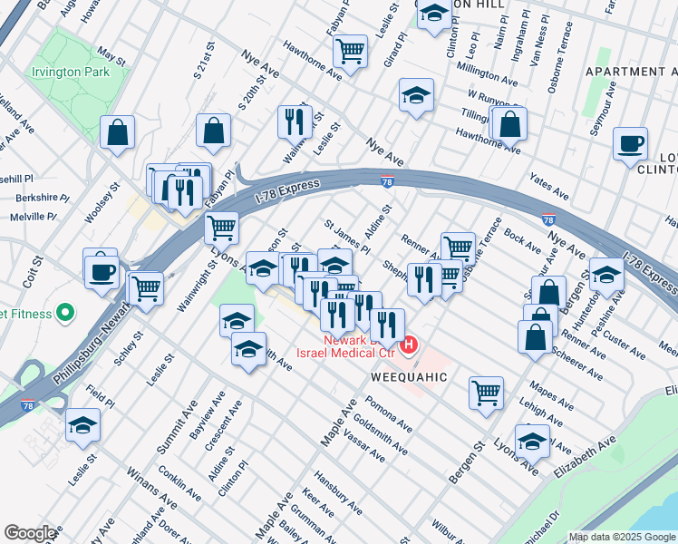 map of restaurants, bars, coffee shops, grocery stores, and more near 85 Aldine Street in Newark