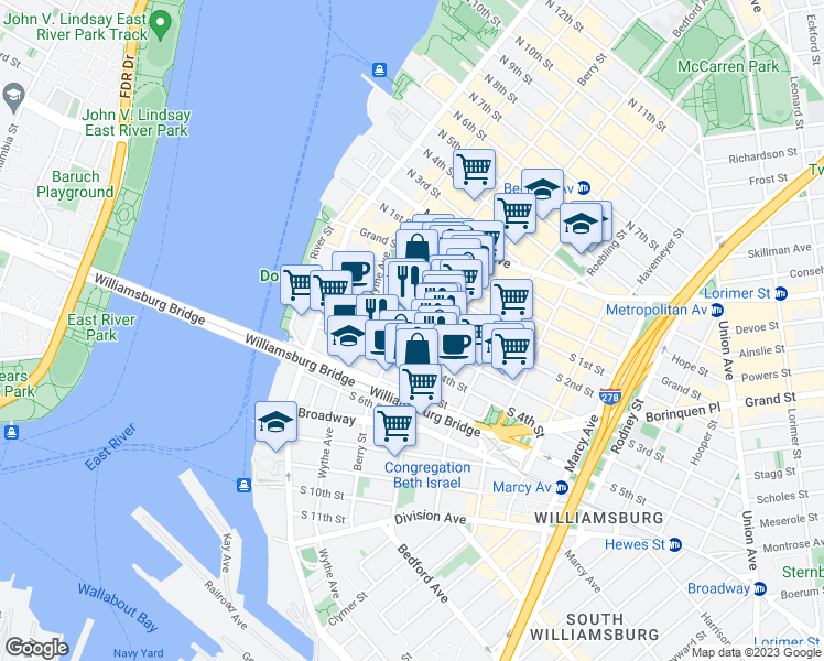 map of restaurants, bars, coffee shops, grocery stores, and more near 99 South 3rd Street in Brooklyn