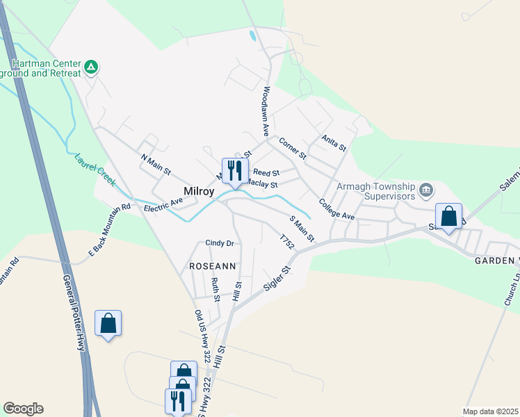 map of restaurants, bars, coffee shops, grocery stores, and more near 68 South Main Street in Milroy