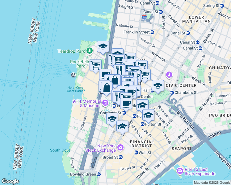 map of restaurants, bars, coffee shops, grocery stores, and more near 250 Greenwich Street in New York