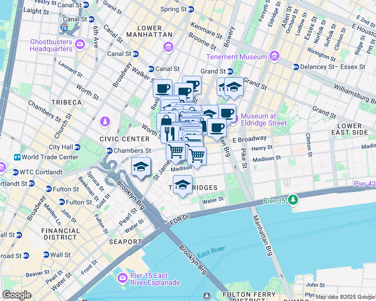 map of restaurants, bars, coffee shops, grocery stores, and more near in New York