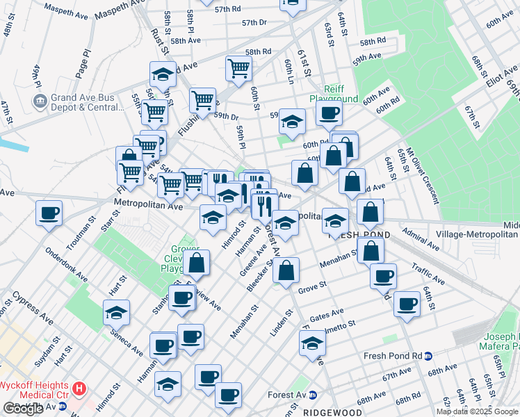 map of restaurants, bars, coffee shops, grocery stores, and more near 56-17 Metropolitan Avenue in Queens