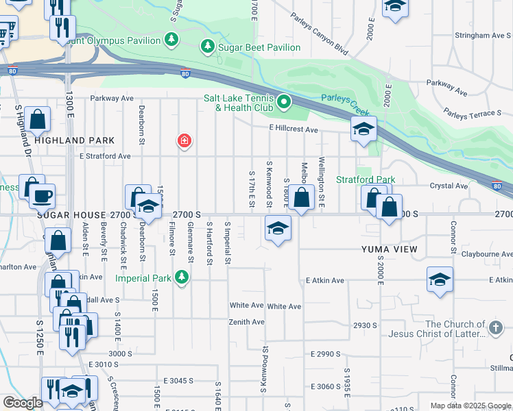 map of restaurants, bars, coffee shops, grocery stores, and more near 2689 South 1700 East in Salt Lake City