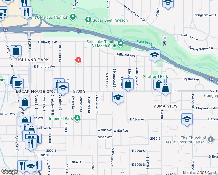 map of restaurants, bars, coffee shops, grocery stores, and more near 2689 South 1700 East in Salt Lake City