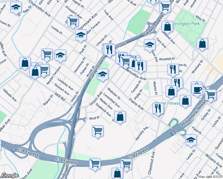map of restaurants, bars, coffee shops, grocery stores, and more near 109 Webster Street in Irvington
