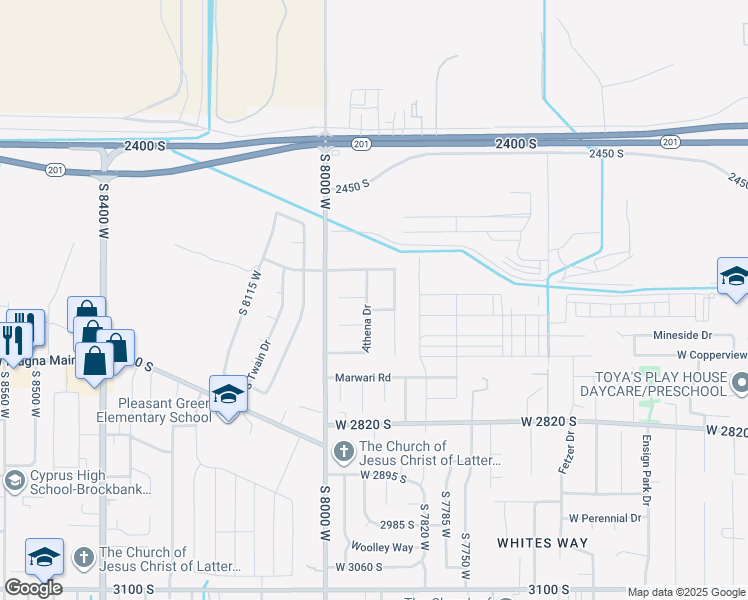 map of restaurants, bars, coffee shops, grocery stores, and more near 2607 Athena Drive in Magna
