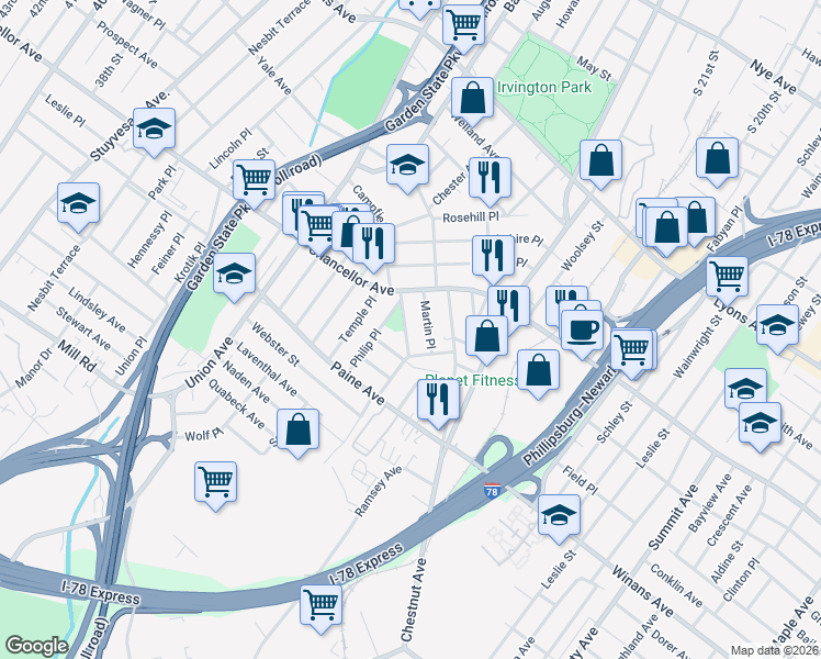map of restaurants, bars, coffee shops, grocery stores, and more near 38 Greene Terrace in Irvington