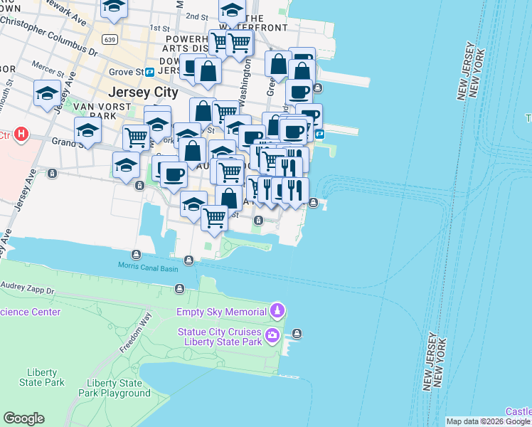 map of restaurants, bars, coffee shops, grocery stores, and more near 46 Essex Street in Jersey City