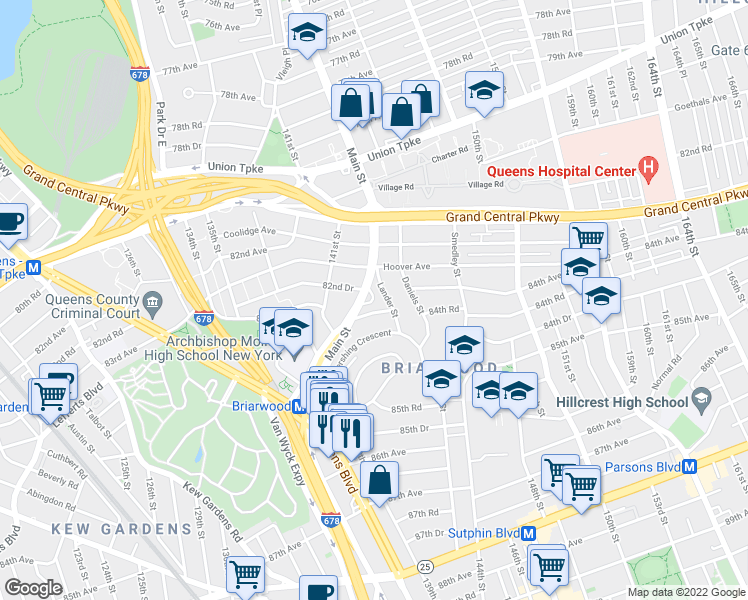 map of restaurants, bars, coffee shops, grocery stores, and more near 141-71 84th Road in Queens