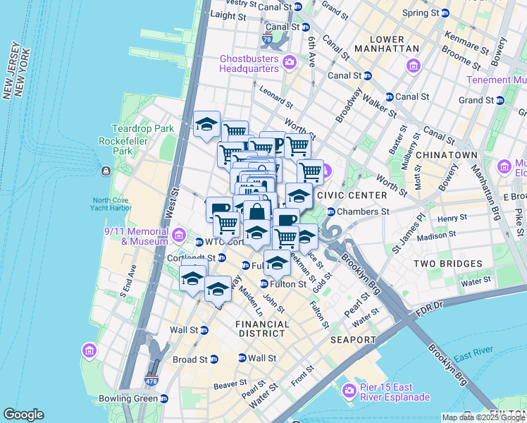 map of restaurants, bars, coffee shops, grocery stores, and more near in New York
