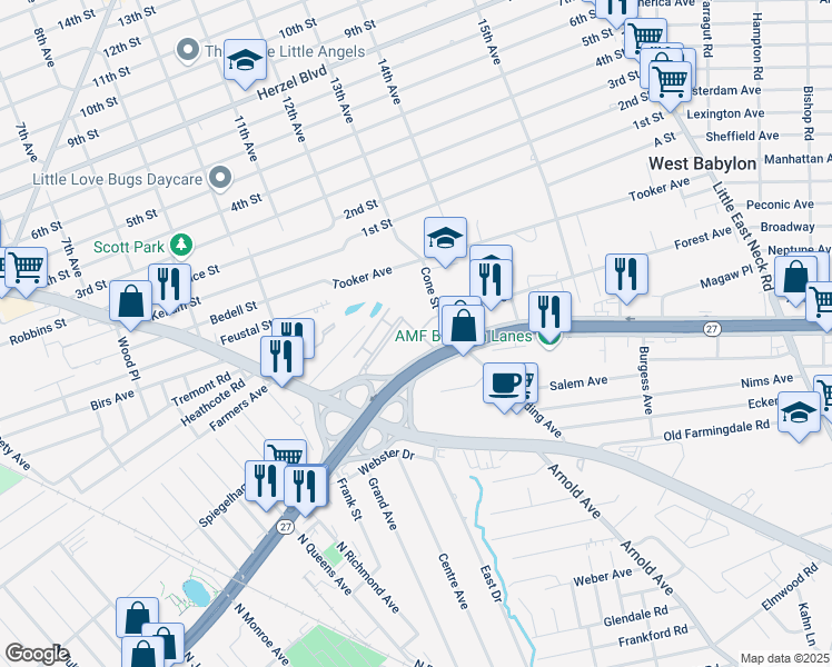 map of restaurants, bars, coffee shops, grocery stores, and more near 256 Farber Drive in West Babylon