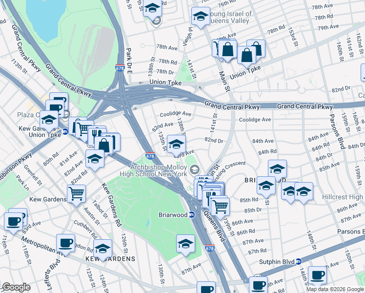 map of restaurants, bars, coffee shops, grocery stores, and more near 135-30 82nd Drive in Queens