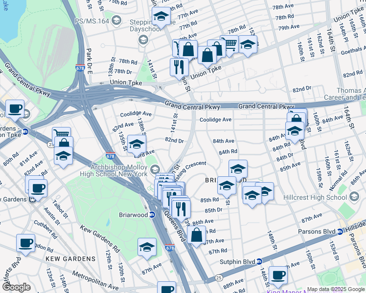 map of restaurants, bars, coffee shops, grocery stores, and more near 84-10 Main Street in Queens