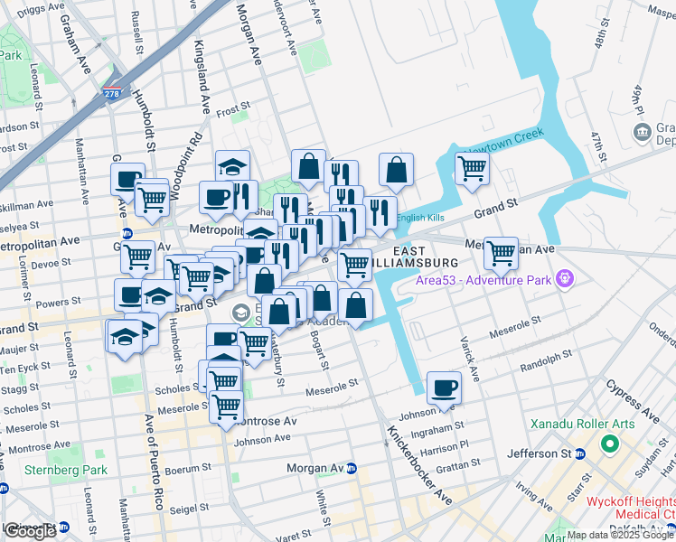 map of restaurants, bars, coffee shops, grocery stores, and more near 1005 Grand Street in Brooklyn