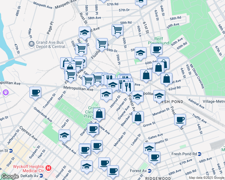 map of restaurants, bars, coffee shops, grocery stores, and more near 5517 Metropolitan Avenue in Queens