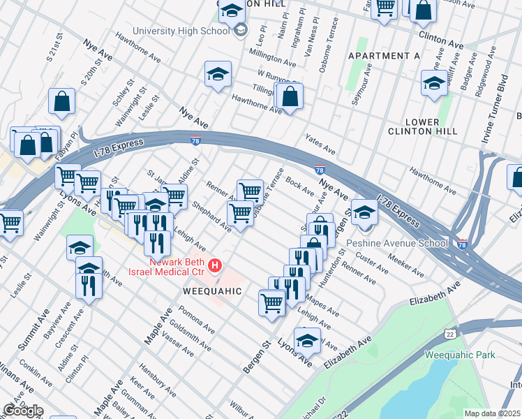 map of restaurants, bars, coffee shops, grocery stores, and more near 249 Renner Avenue in Newark