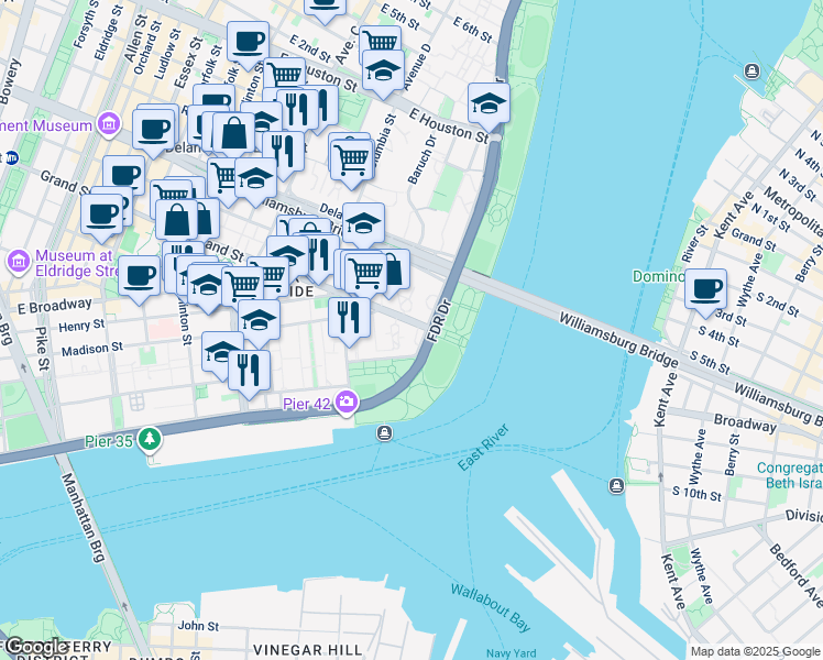 map of restaurants, bars, coffee shops, grocery stores, and more near 457 FDR Drive in New York