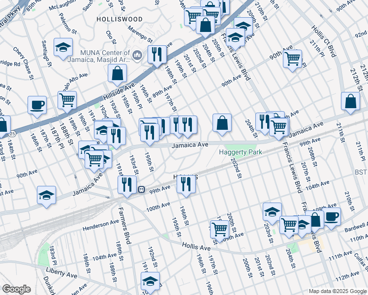 map of restaurants, bars, coffee shops, grocery stores, and more near 196-26 Woodhull Avenue in Queens
