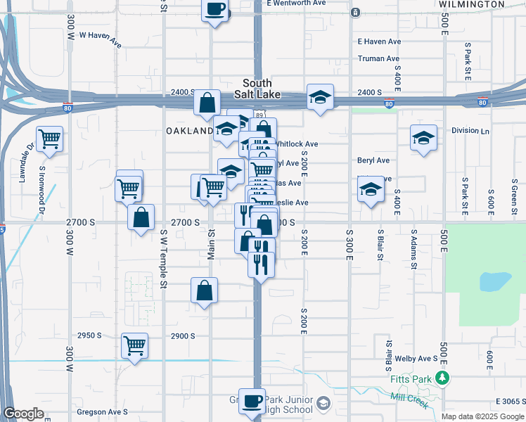 map of restaurants, bars, coffee shops, grocery stores, and more near 2645 State Street in South Salt Lake