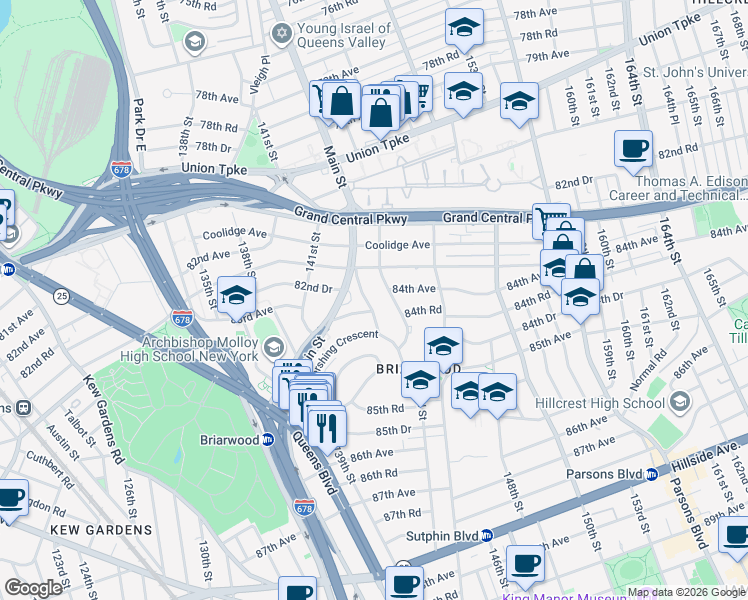 map of restaurants, bars, coffee shops, grocery stores, and more near in Queens