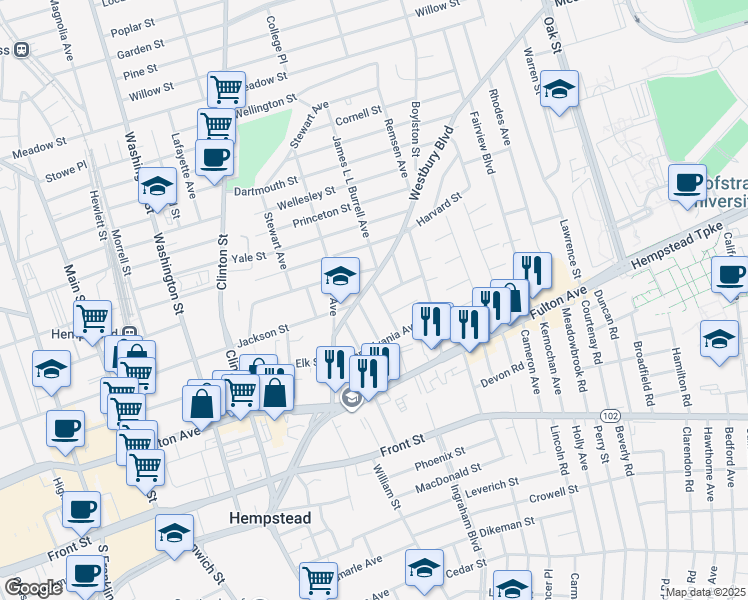 map of restaurants, bars, coffee shops, grocery stores, and more near 79 Vermont Avenue in Hempstead