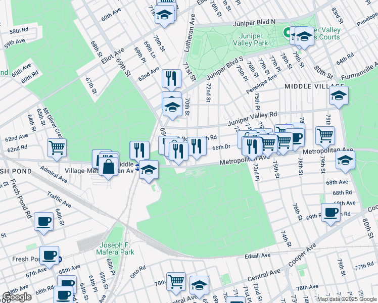 map of restaurants, bars, coffee shops, grocery stores, and more near 66-58 70th Street in Queens