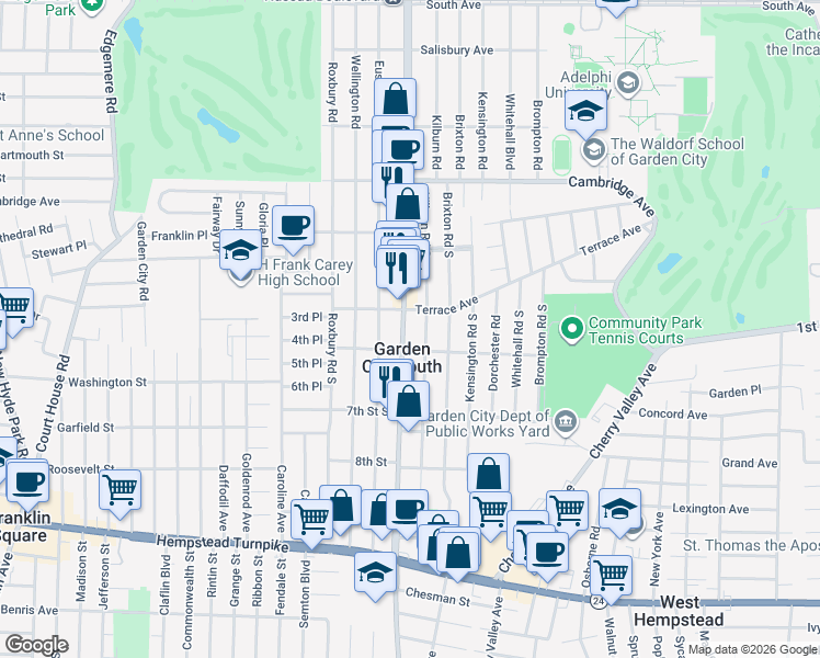 map of restaurants, bars, coffee shops, grocery stores, and more near in Garden City South