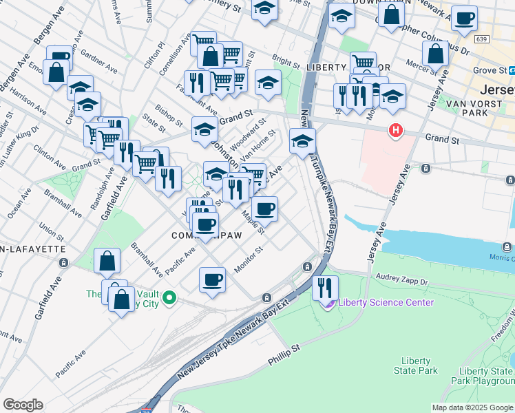 map of restaurants, bars, coffee shops, grocery stores, and more near 361 Whiton Street in Jersey City