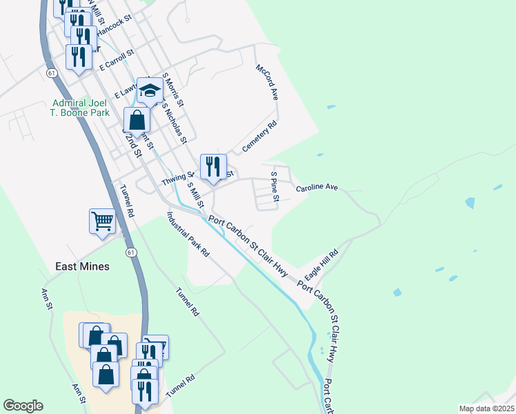 map of restaurants, bars, coffee shops, grocery stores, and more near Sunshine Street in Schuylkill County