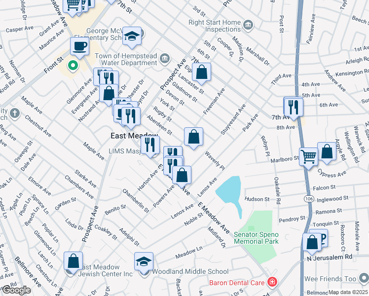 map of restaurants, bars, coffee shops, grocery stores, and more near 2471 Aberdeen Street in East Meadow