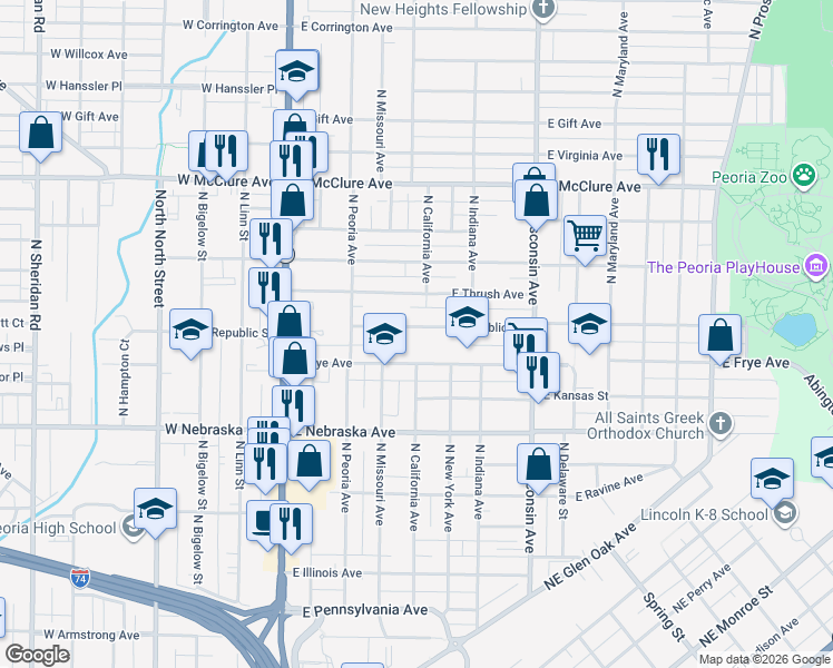 map of restaurants, bars, coffee shops, grocery stores, and more near 412 East Republic Street in Peoria
