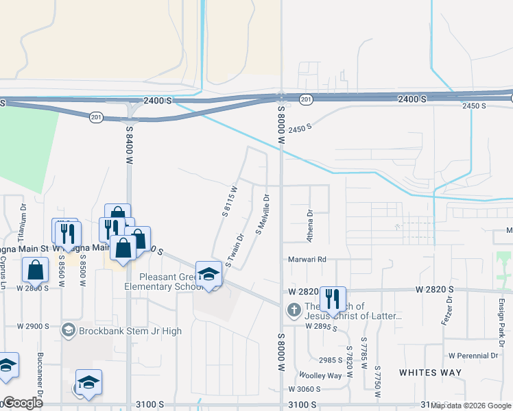 map of restaurants, bars, coffee shops, grocery stores, and more near 2607 South Twain Drive in Magna
