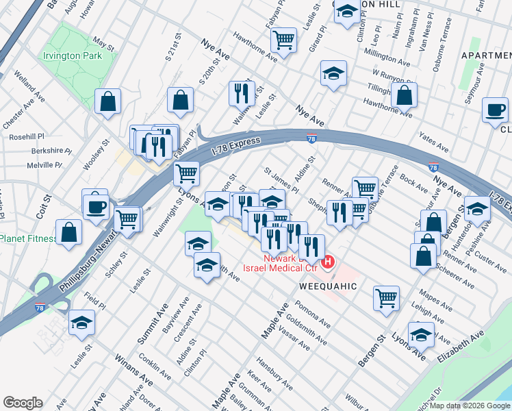 map of restaurants, bars, coffee shops, grocery stores, and more near 83 Willoughby Street in Newark