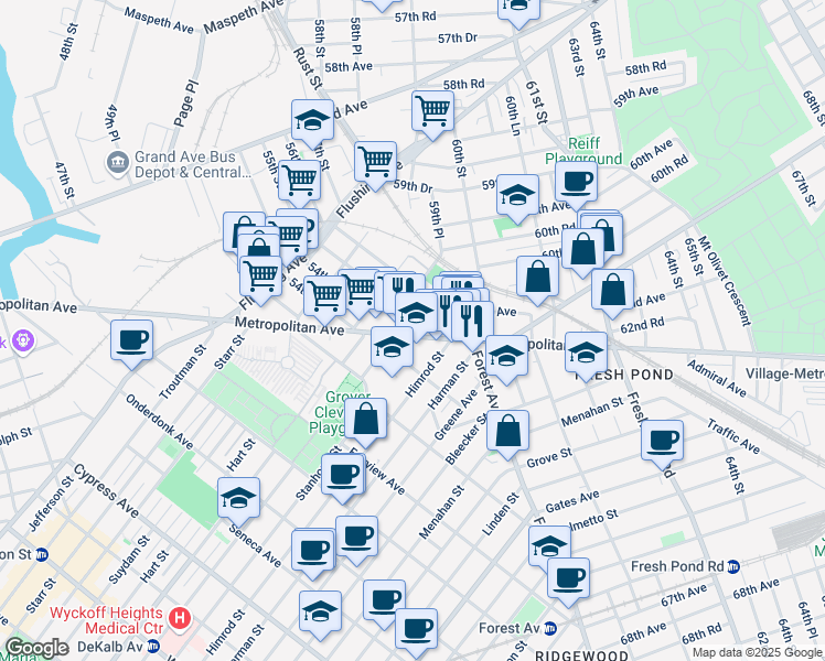 map of restaurants, bars, coffee shops, grocery stores, and more near 5517 Metropolitan Avenue in Queens